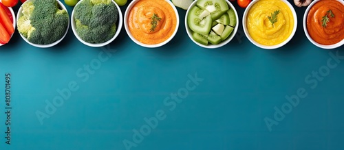 A top down view of colorful bowls filled with vegetable and fruit puree including broccoli carrots banana and apple on a blue background The image leaves room for additional content photo