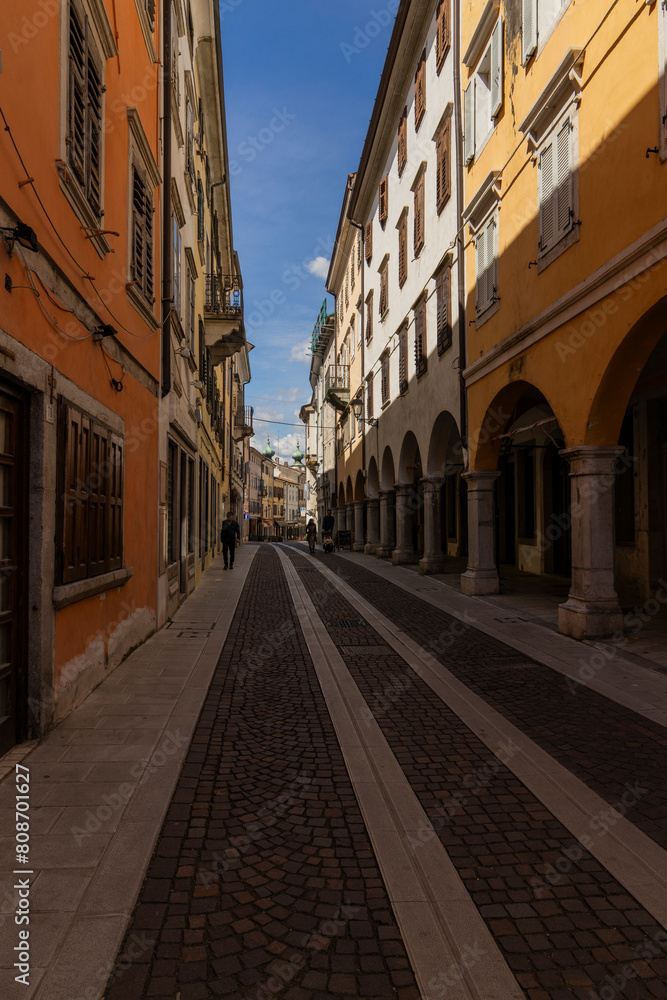 City of Gorizia, Piazza della Vittoria with the Church of Sant'Ignazio and the fountain. The beautiful streets and the castle behind them are a trace of history. Cultural Heritage Capital 2025.