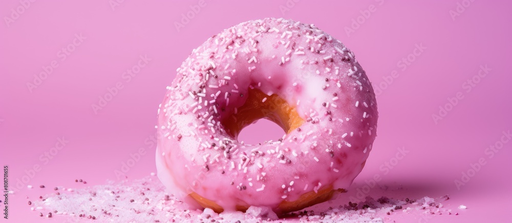 Top view of a pink donut with a bite taken out of it placed on a pink background with flour dusted on top creating a copy space image Top view of a pink donut with a bite taken out of it placed on a pink background with flour dusted on top creating a copy space image
