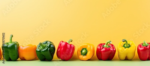 A vibrant and refreshing background of various colorful bell peppers yellow green and red is set against a pink backdrop The image offers ample copy space and features a trendy minimalist design perf