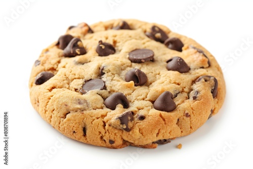 Close-up of a freshly baked chocolate chip cookie isolated on a white background