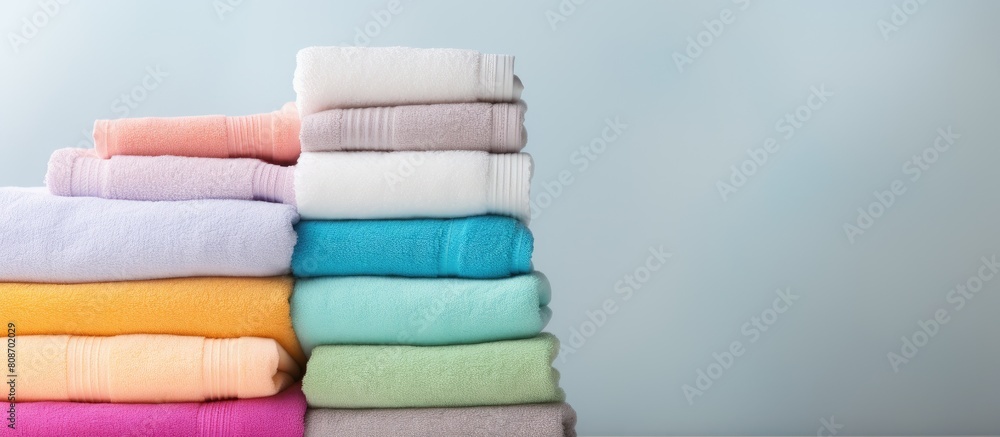 Colorful bath towels stacked on a light background showcasing a variety of pastel cotton towels This enticing copy space image embodies both hygiene and textile concepts evoking a sense of fabric and Colorful bath towels stacked on a light background showcasing a variety of pastel cotton towels This enticing copy space image embodies both hygiene and textile concepts evoking a sense of fabric and