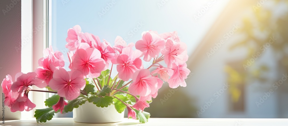 Obraz premium A vibrant pink geranium sits atop a windowsill basking in the warm rays of a bright and sunny day creating an inviting copy space image