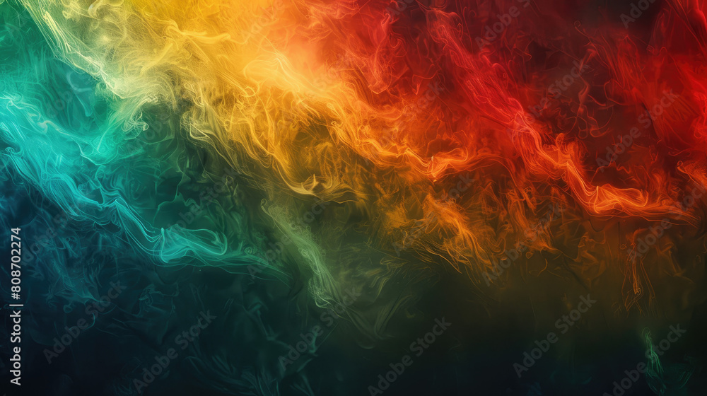 Color Gradient on Dark Grainy Background: Ray of Light, Red Green Yellow Blue Color Flow Wave on Black, Wide Banner Size