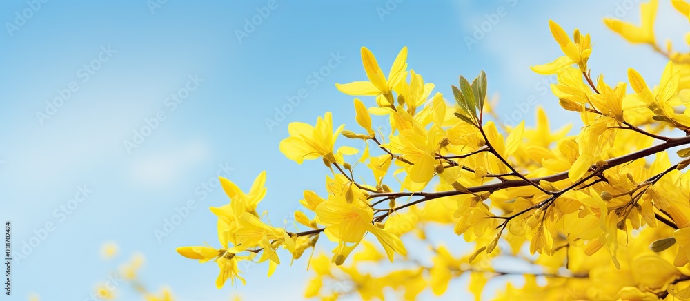 A vibrant forsythia shrub with yellow blossoms stands out against the clear blue sky on a sunny spring day presenting a stunning yellow flower background with plenty of copy space A vibrant forsythia shrub with yellow blossoms stands out against the clear blue sky on a sunny spring day presenting a stunning yellow flower background with plenty of copy space