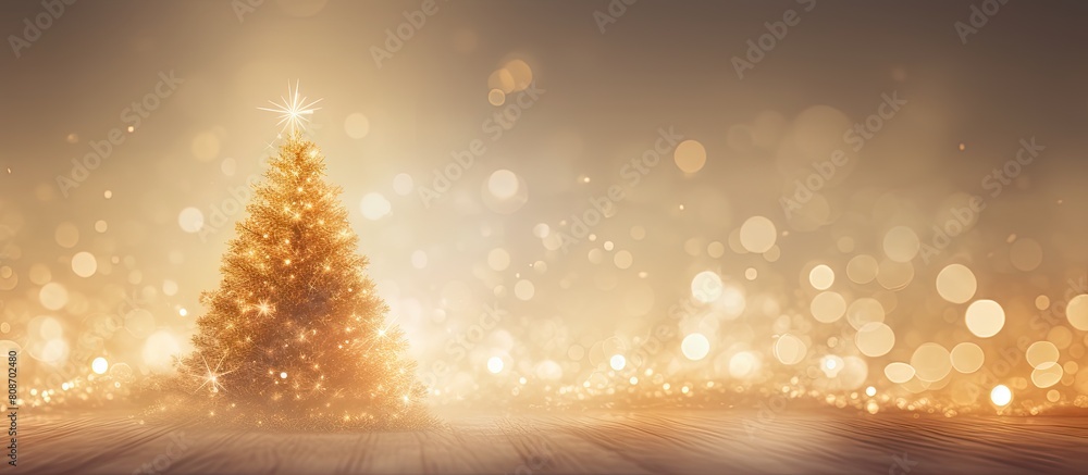 Naklejka premium An abstract holiday background with a Golden brown blurry Christmas tree lights and blurred bokeh creating a lot of glare The image provides copy space