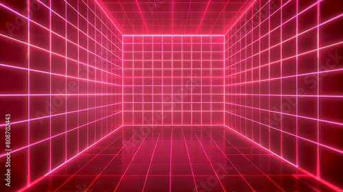 A red laser grid cyber newretrowave 3d background. Neon digital room with vaporwave and square cell wireframes. Futuristic retro mesh dimension pattern. Geek outline aesthetic texture design. photo