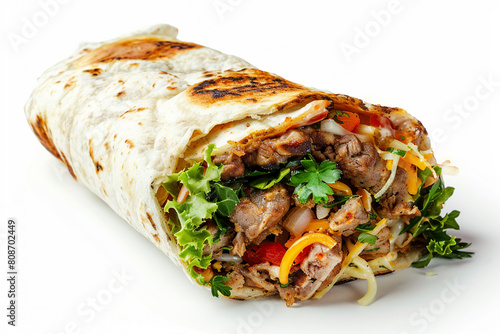 Photo of delicious meat shawarma generated with ai isolated on white color background