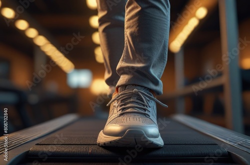 Close up of feet, sportman runner running on treadmill in fitness club. Cardio workout. Healthy lifestyle, guy training in gym. Sport running concept.	 photo