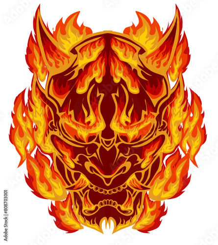 Illustration of a Japanese mask with a fire theme. Perfect for stickers, icons, logos, posters, banners