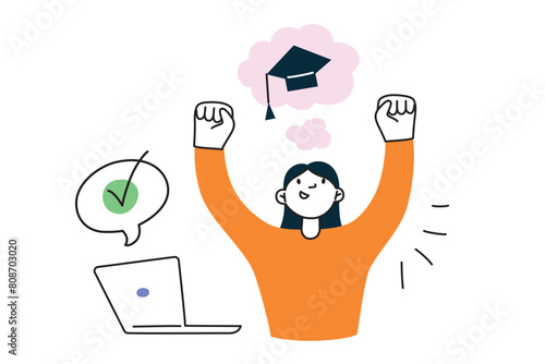 Happy student passed online test, girl after final exam, dreaming of graduation, education composition, doodle icons of graduating hat and laptop, vector illustration of success in studying