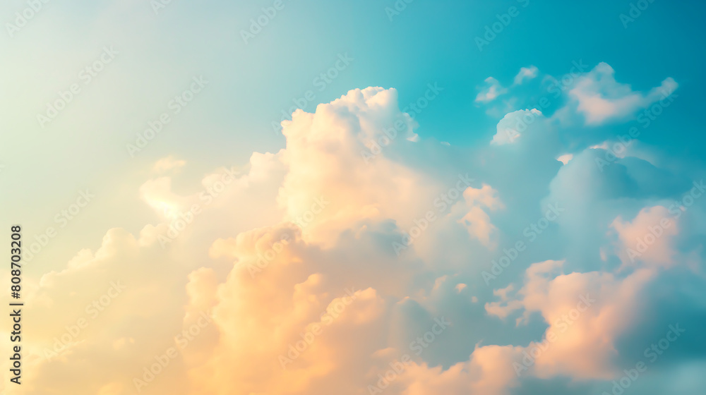 A large white cloud in the blue and orange sky, white clouds against a blue and orange sky. Beautiful daylight natural sky composition