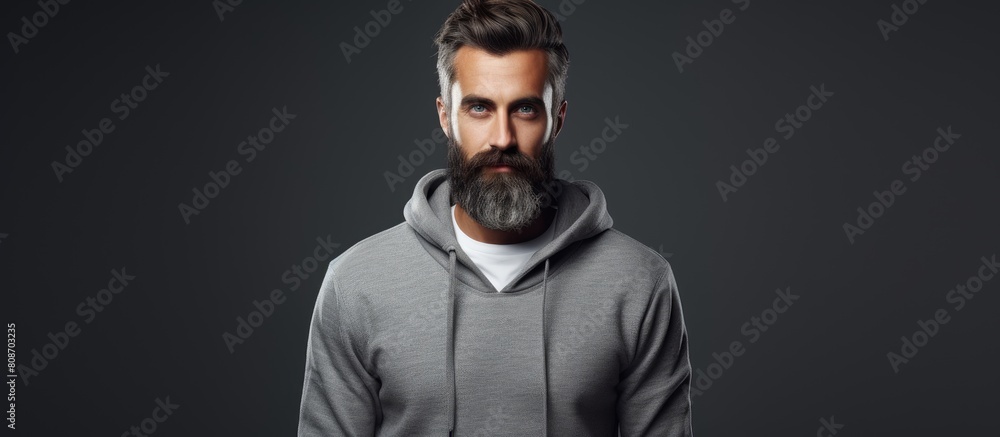 Portrait of a stylish hipster man with a beard wearing a gray blank hoodie Perfect for showcasing your logo or design A one of a kind mockup for print with plenty of copy space Portrait of a stylish hipster man with a beard wearing a gray blank hoodie Perfect for showcasing your logo or design A one of a kind mockup for print with plenty of copy space