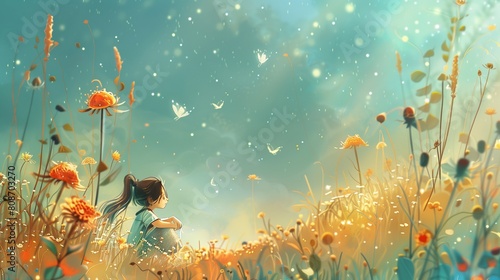 girl sits and dreams in flower meadow