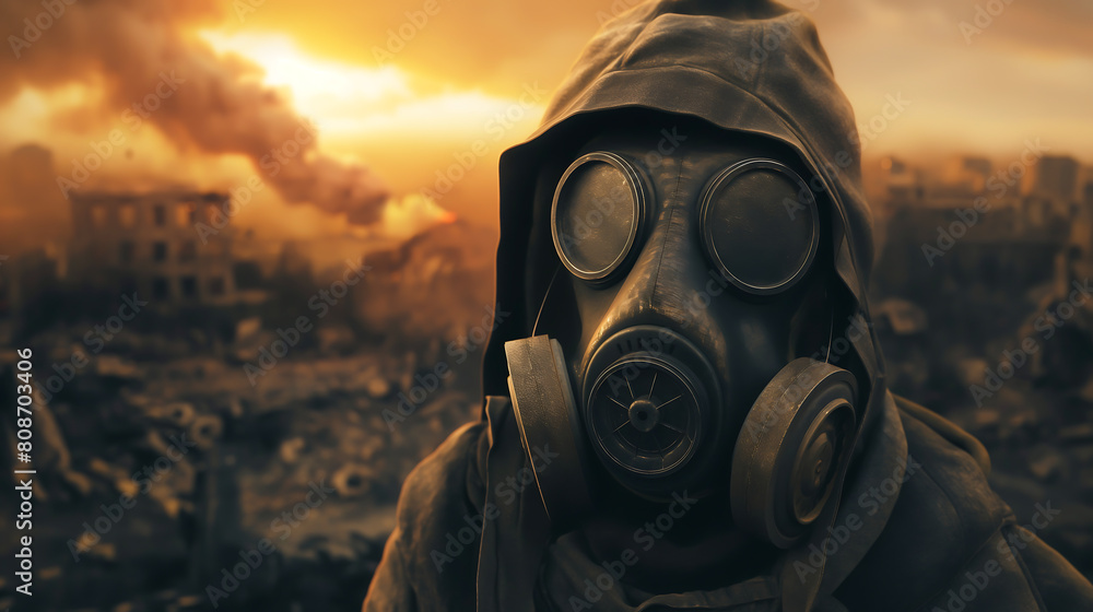 A man in survivor in gas mask, Environmental disaster, Post apocalyptic survivor, Armageddon concept A man in survivor in gas mask, Environmental disaster, Post apocalyptic survivor, Armageddon concept