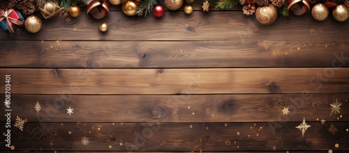 A festive top down view of Christmas decorations and a wooden table surface providing ample space for architects engineers builders designers and draftsmen to express their creative wishes The image photo