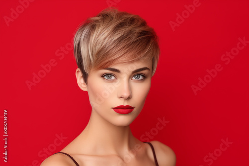 Closeup studio portrait of a beautiful young model with an extremely close-cropped haircut. She is standing against a bright red wall