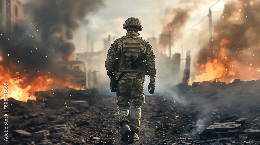 A soldier in the middle of a war zone, war with fire and flames and explosions, Soldier in uniform with helmet, Ruins and destruction A soldier in the middle of a war zone, war with fire and flames and explosions, Soldier in uniform with helmet, Ruins and destruction
