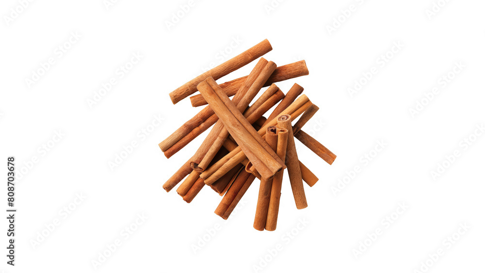 A pile of cinnamon sticks on a transparent background.
