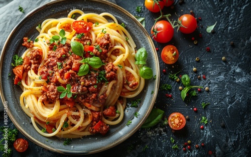 a plate of spaghetti bolognese asta with sauce, tomatoes, basil and parmesan. Traditional Italian cuisine with fresh basil leaves and grated parmesan cheese viewed low angle from the side on a rustic 