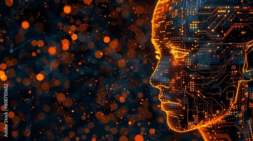 Technology Concept : Artificial intelligence concept with Human head in orange outline