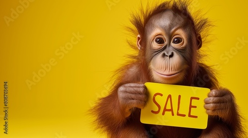 Cute orangutan Holding 'Sale' Sign, Yellow Background. photo