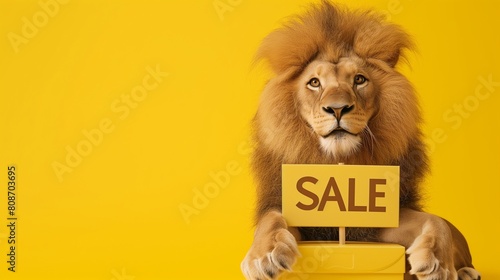 Cute lion Holding  Sale  Sign  Yellow Background.