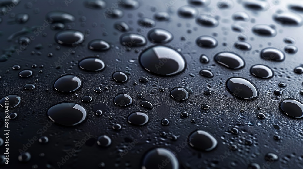 A realistic 3D water droplet on black background. Modern illustration of raindrops and morning dew on car hoods and glass backgrounds. Wet texture, light reflection in liquid blobs.