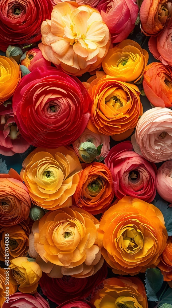 Rainbow Ranunculus Floral Flat Lay Background Rainbow Ranunculus Floral Flat Lay Background