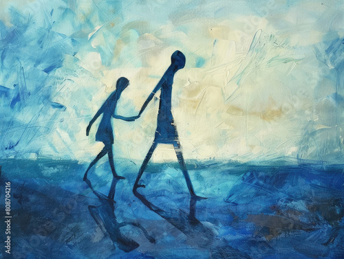 Serene Blue scene With Silhouetted Couple Walking Hand in Hand at Dusk