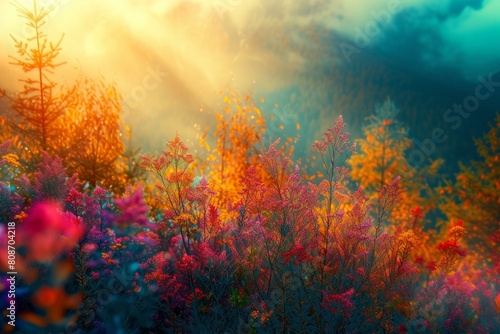 Golden sun rays beam through misty autumn woods, illuminating vibrant underbrush