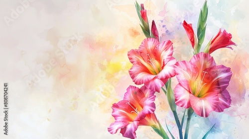 Painted in watercolor  the Gladiolus flower stands tall and proud on the canvas  its spear-like spikes adorned with elegant blooms in a breathtaking array of colors.