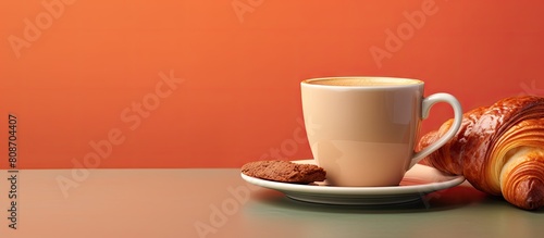 An image of a croissant and a mug of coffee and tea with copy space