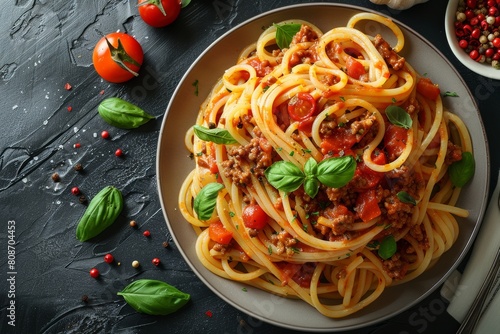 a plate of spaghetti bolognese asta with sauce  tomatoes  basil and parmesan. Traditional Italian cuisine with fresh basil leaves and grated parmesan cheese viewed low angle from the side on a rustic 