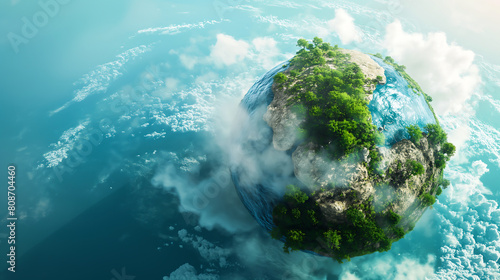 A detailed earth planet with trees, rocks and blue water on it, surrounded by clouds. Sustainable science concept composition