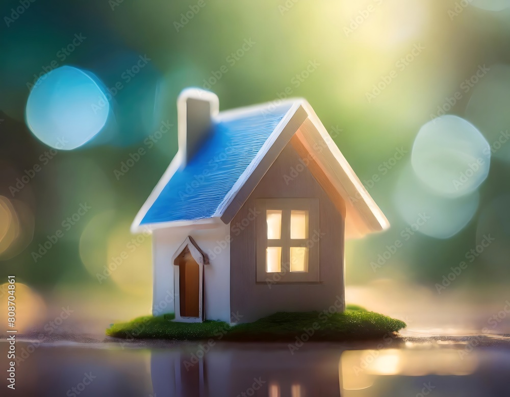 Miniature house is a symbol of mortgage and home ownership on blurred background. Miniature house is a symbol of mortgage and home ownership on blurred background.