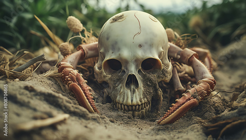 A skull of a dead man with a giant crab on it photo