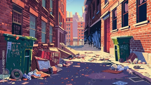 Detailed modern illustration of an old city alleyway with garbage on a brick wall in front of an apartment facade. Illustration of dirty urban alleyway in the shadow of an empty road.