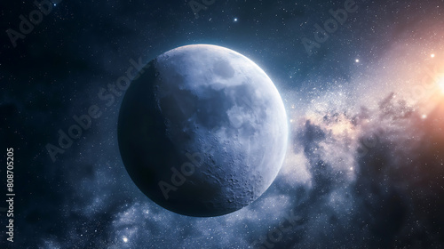 A planet or moon  beautiful view of the galaxy  Large planet with strange whitish surface in the galactic core. Shows a huge white planet  background with different stars