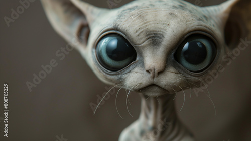 Creepy Grey Alien cat with Oversized Black Eyes.