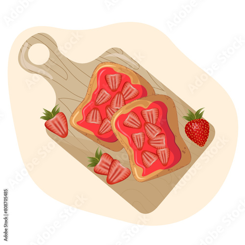 Sweet toasts on kitchen board. Cartoon isolated slices of toasted bread with pieces of strawberry for breakfast. Toasted bread with strawberry jam.Vector illustration