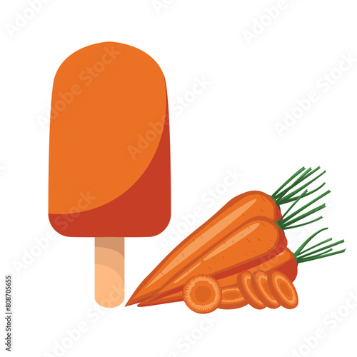 Carrot Ice Cream. Sweet delicious frozen summer dessert. For sticker and t shirt design, posters, logos, labels, banners, manu, product packaging design, etc. Vector illustration