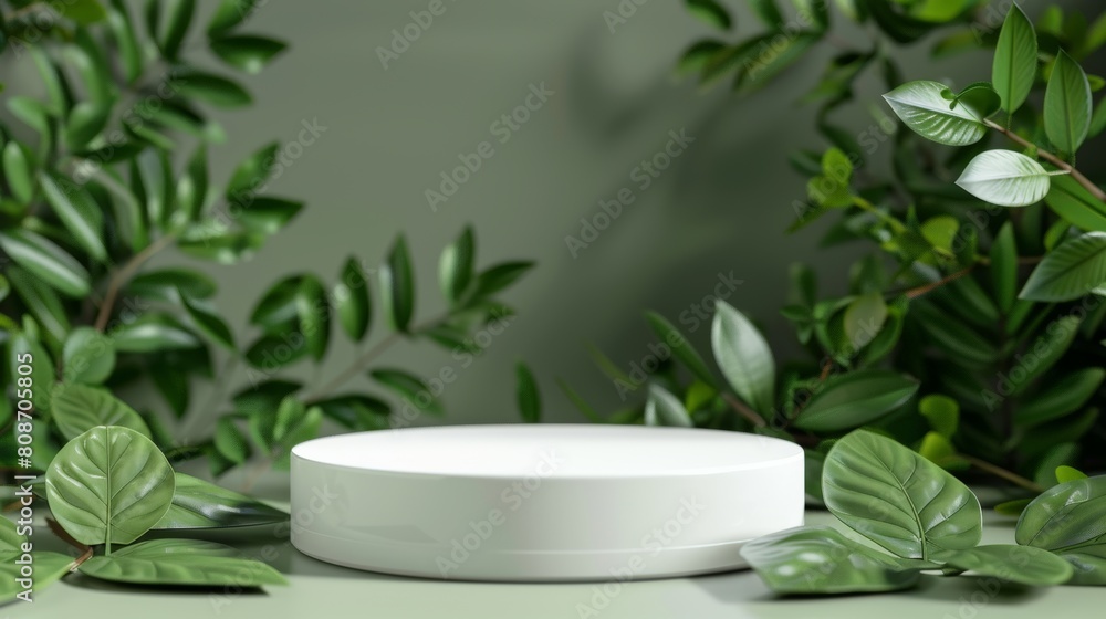 A white round template podium mockup of a natural organic cosmetic product ad concept on a nature flat lay background with fresh green leaves and fresh foliage, a trendy stylish minimalist flatlay A white round template podium mockup of a natural organic cosmetic product ad concept on a nature flat lay background with fresh green leaves and fresh foliage, a trendy stylish minimalist flatlay