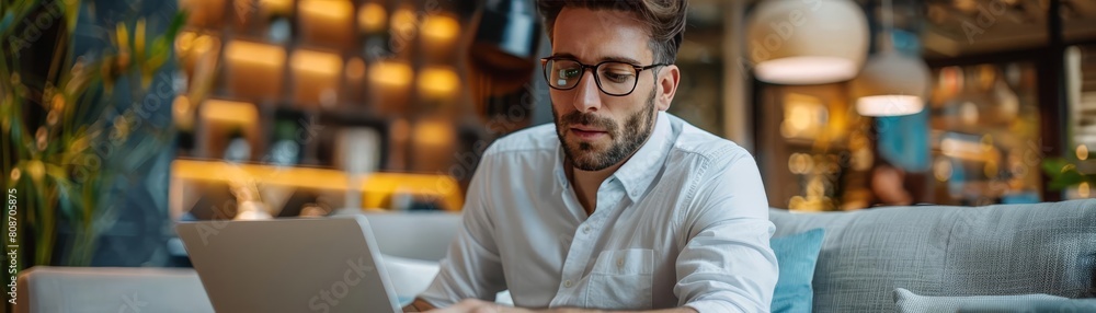 Obraz premium Caucasian young professional using laptop and smartphone in a modern business office