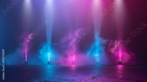 Neon spotlight rays glowing with smoke effect on stage at night club dance party, theater performance, music concert. Modern illustration of neon spotlights shining against a dark background.
