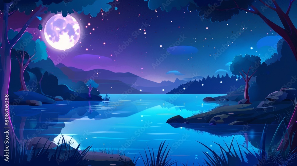 Animated cartoon forest with lake at night. Beautiful nature woods and pond landscape, perfect for fantasy game environments. A swamp in a valley with hill in the night sky under a full moon.