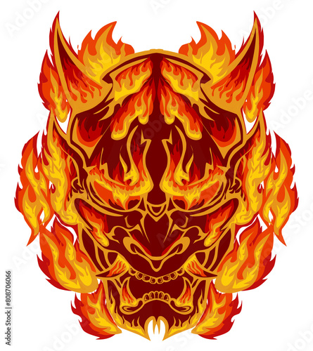 Illustration of a Japanese mask with a fire theme. Perfect for stickers, icons, logos, posters, banners