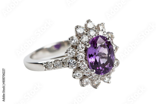 Amethyst and Diamond Cluster Ring isolated on transparent background