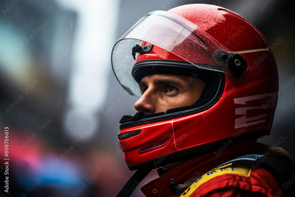 Generative AI image of sportsman car driver wear helmet speed motion Generative AI image of sportsman car driver wear helmet speed motion