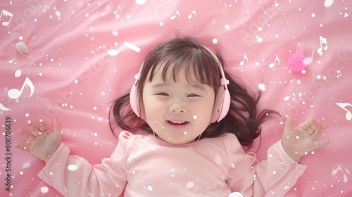 Melodic Dreams: Little Girl In Headphones On Pink Sheet